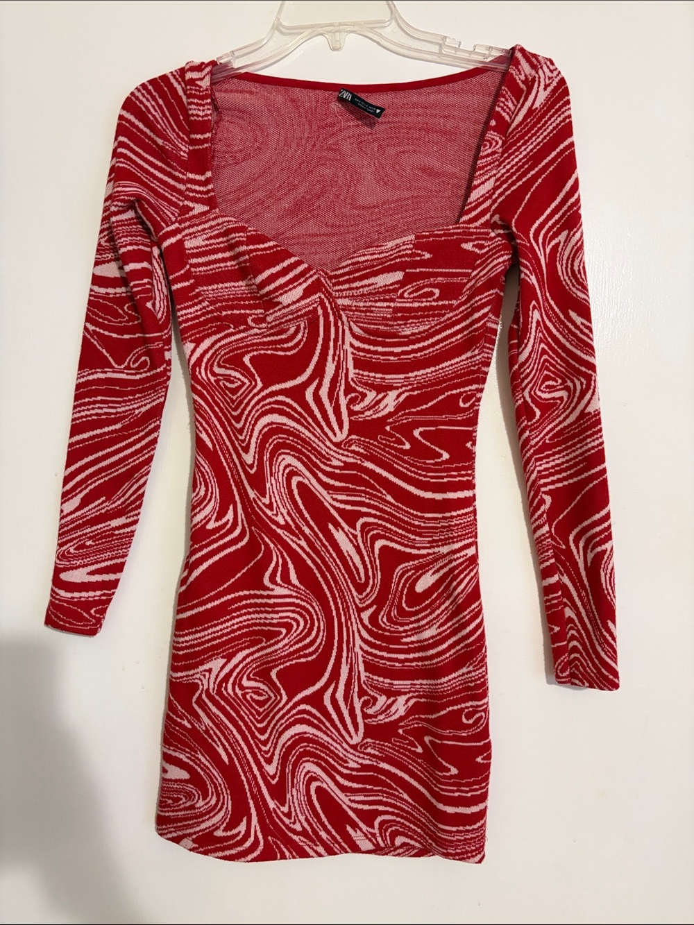 Zara Red & White Swirl Long Sleeve Bodycon Dress
